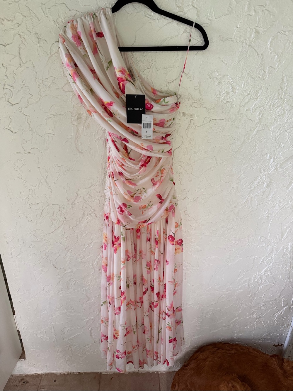 NICHOLAS One-Shoulder White Dress with Pink Floral Print - Picture 3 of 7